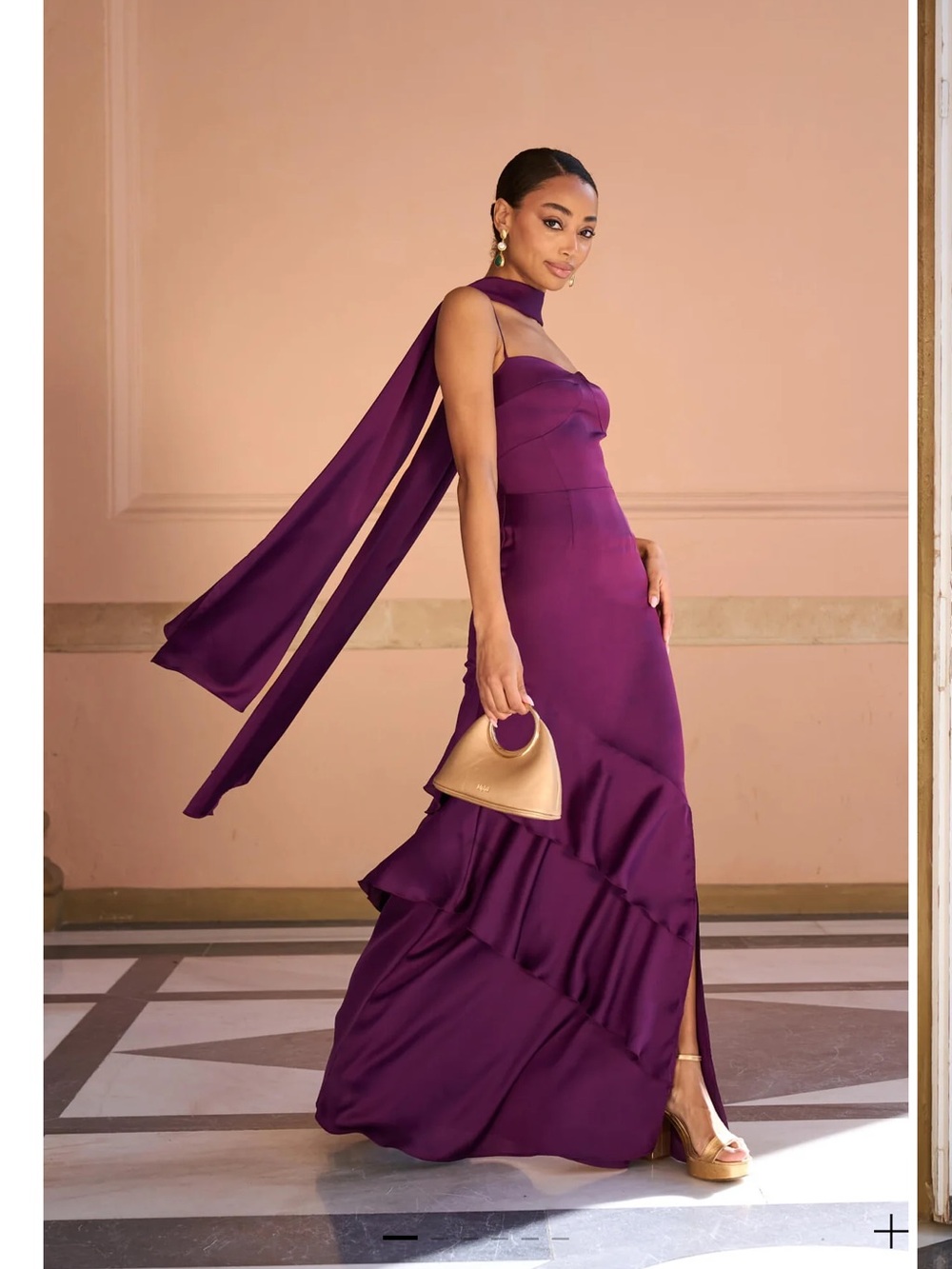 Elegant Purple Evening Gown with Scarf Detail